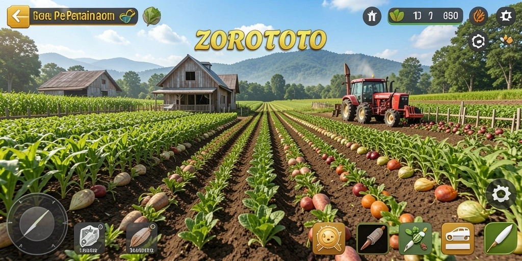 Screenshot gameplay ZOROTOTO yang menampilkan ladang yang subur dan interaksi dengan hewan ternak.